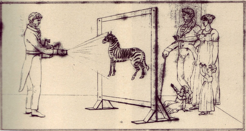 Illustration showing the use of a belt-mounted magic lantern to entertain a family (Erkki Huhtamo Collection)